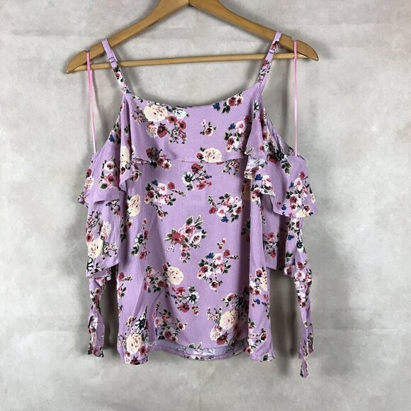 One Hart Juniors' Purple Floral Cold-Shoulder Top NWT XS - Picture 4 of 6